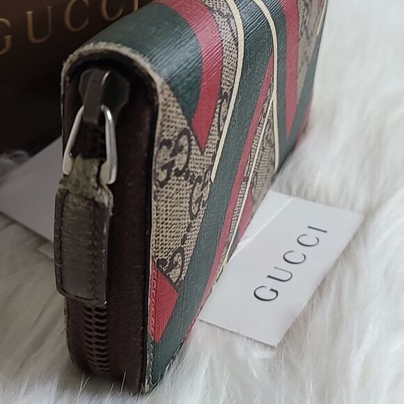 💯Authentic Gucci Round Zip Long Wallet GG Chevron Beige Green Red🍀 - Picture 15 of 16